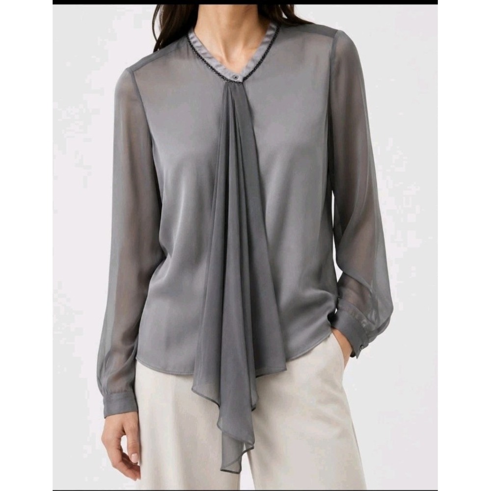 Elie Tahari Blouse Womens XS Gray 100% Silk Sheer Chain Trim Ruffle‎ Top